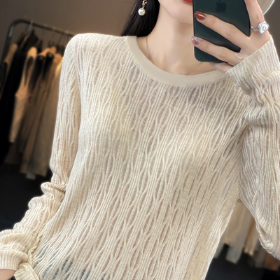 羊毛套头圆领镂空打底针织衫