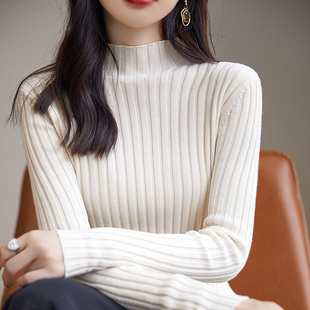 不起球纯棉毛衣针织衫女中领半高领打底衫女短款修身全棉上衣洋气