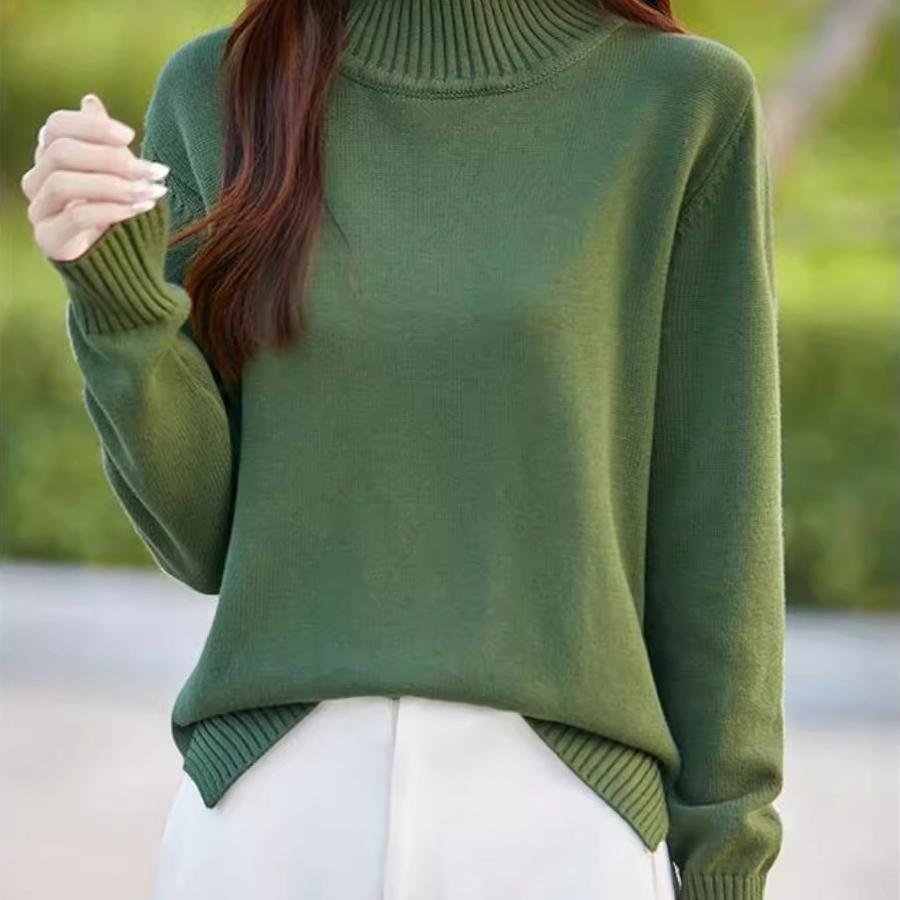 纯棉线半高领加厚针织衫女秋冬宽松显瘦慵懒风长袖毛衣纯色打底衫