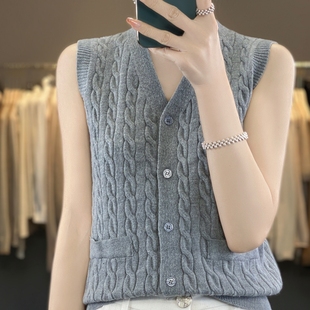 背心短款 显瘦麻花毛衣坎肩V领针织衫 春 女修身 学院风羊毛马甲开衫