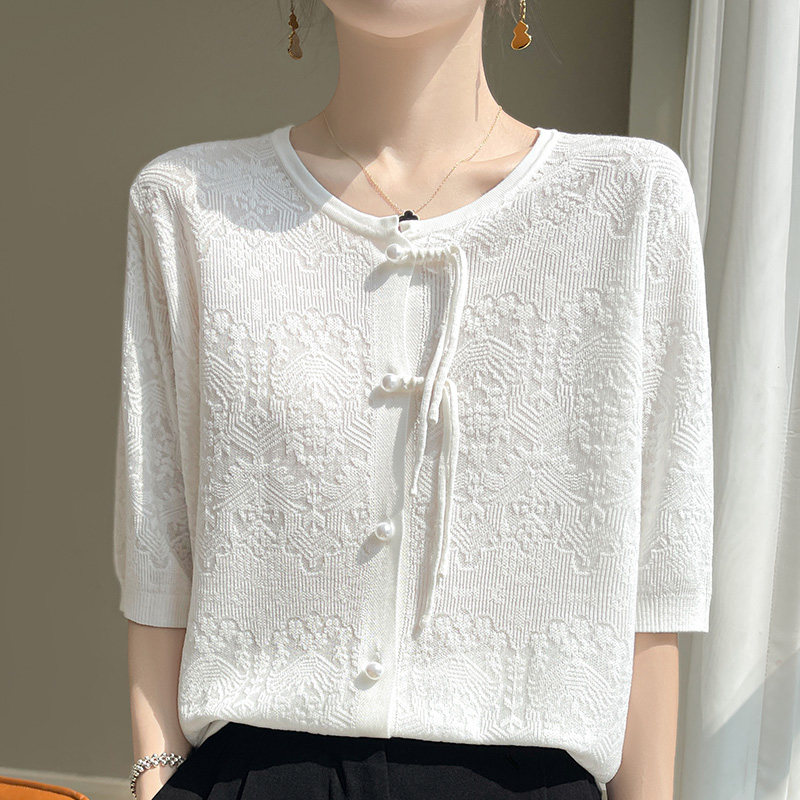 桑蚕丝天丝开衫女夏季薄款镂空国风钩花五分袖针织衫外搭小外套