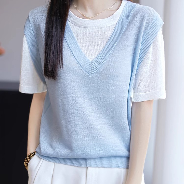 假两件冰丝针织短袖t恤女秋薄款2025新款宽松显瘦T恤撞色半袖上衣