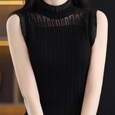 无袖花边领配开衫针织秋季内搭羊毛背心女修身蕾丝立领外穿打底衫