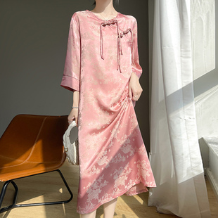 新中式提花醋酸缎面旗袍裙女2025设计感复古盘扣国风七分袖连衣裙