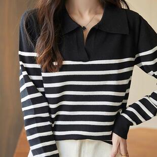 女装2025春季新款翻领条纹针织衫宽松显瘦长袖毛衣女