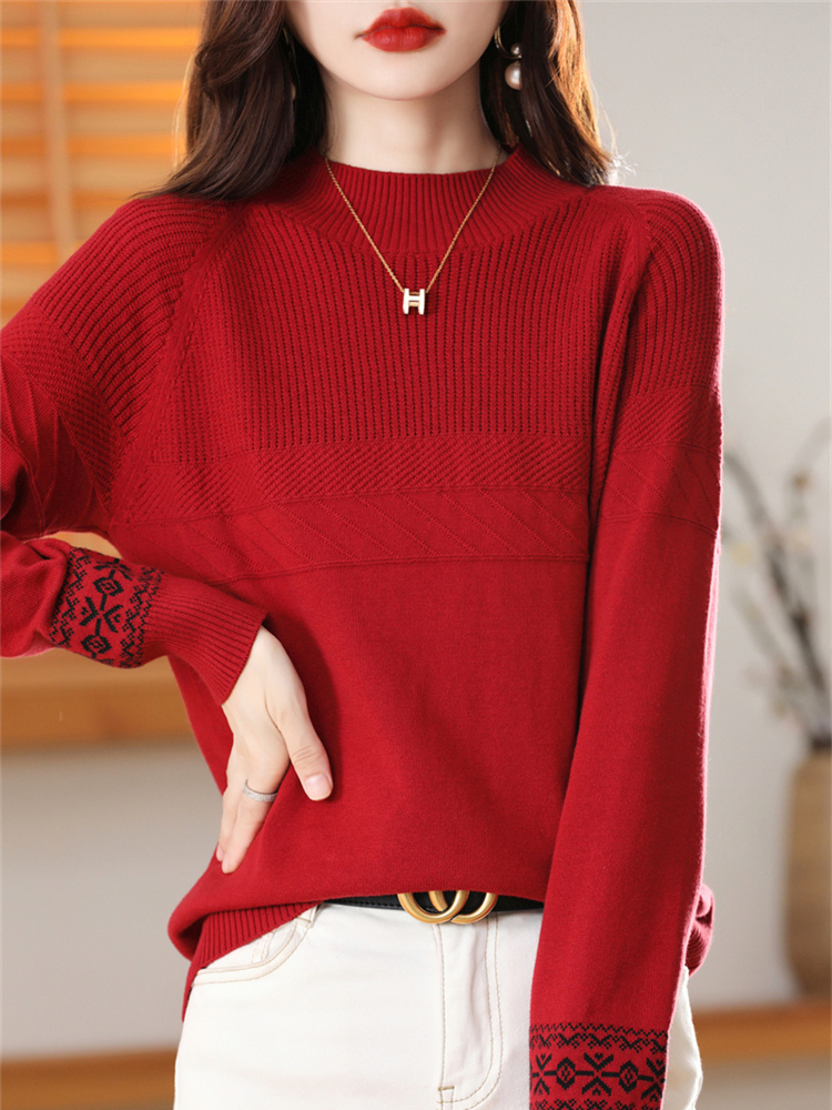 纯棉套头半高领拼色棉针织衫