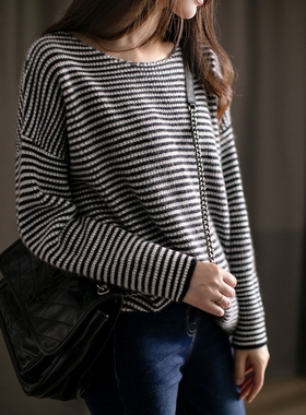 【刘雯同款】黑白条纹羊绒衫女宽松圆领针织衫大毛衣女套头羊毛衫