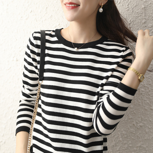 百搭薄款 毛衣女全棉低圆领黑白条纹长袖 线衣女 纯棉针织打底衫 秋季
