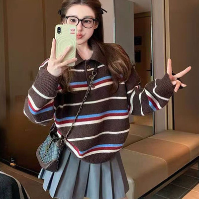 复古拼色条纹纽扣POLO翻领针织衫