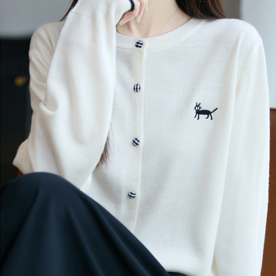 2025早秋新款薄款针织开衫外搭女长袖上衣小猫刺绣韩版毛衣薄外套