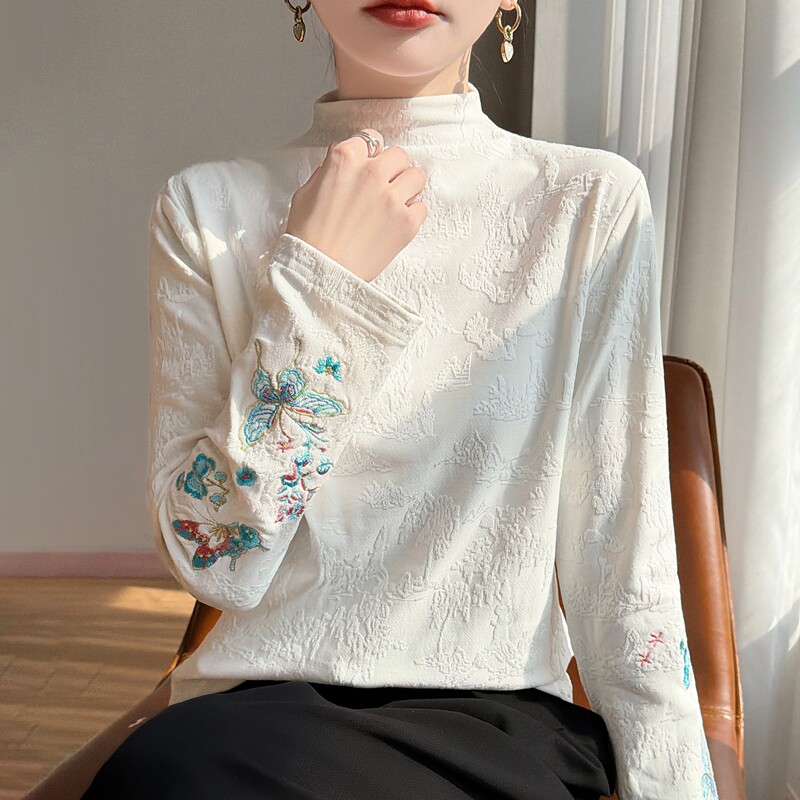 新中式刺绣长袖上衣女半高领提花高级感气质打底衫秋冬款加绒加厚,女装/女士精品,真丝上装,淘宝优惠券,粉丝福利购,淘宝优惠卷