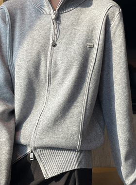 灰色双拉链高领针织衫开衫运动短款洋气上衣小个子秋季毛衣外套女