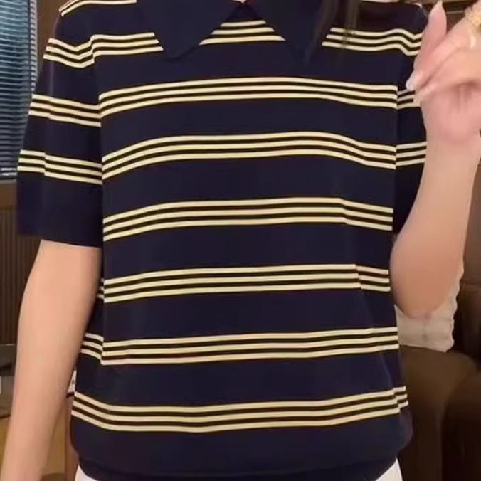 2025夏季新款翻领冰丝短袖T恤女宽松显瘦薄款Polo领针织条纹上衣