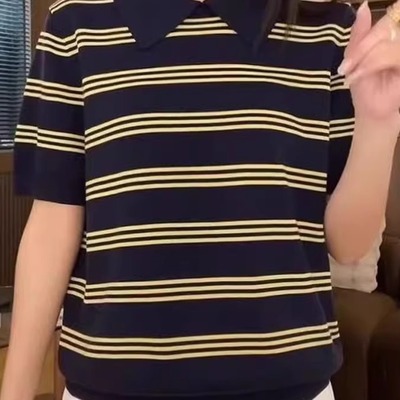 2025夏季新款翻领冰丝短袖T恤女宽松显瘦薄款Polo领针织条纹上衣
