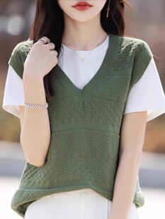 秋季新款纯棉线针织马甲背心女v领宽松无袖外穿坎肩上衣叠穿马夹