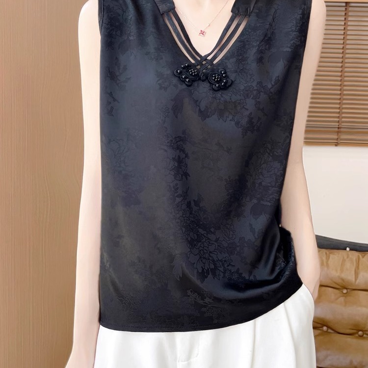 醋酸缎面提花国风女无袖打底上衣