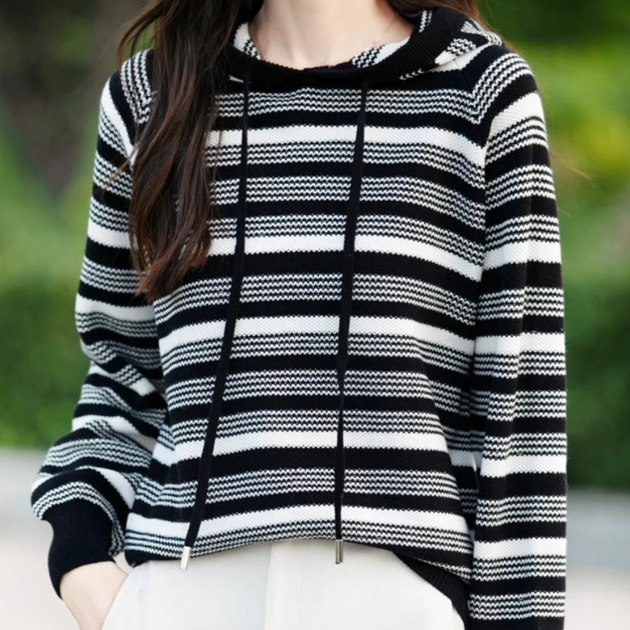 纯棉线连帽条纹毛衣女宽松休闲图片
