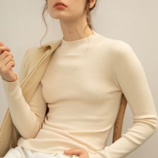 丝光棉长袖 100%全棉线秋季 修身 毛衣女半高领紧身针织衫 打底 新款