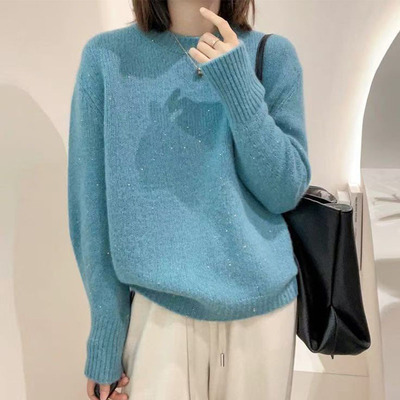 圆领亮闪羊绒毛衣女2025冬季法式宽松外穿亮丝针织衫羊毛打底上衣