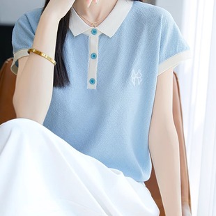 T恤上衣秋短袖 曲珠冰丝Polo领飞飞袖 减龄洋气小翻领撞色正肩女t恤