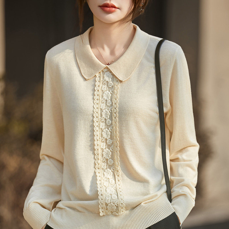 复古洋气蕾丝钩花翻领精纺羊毛针织衫女长袖套头通勤风高级感上衣