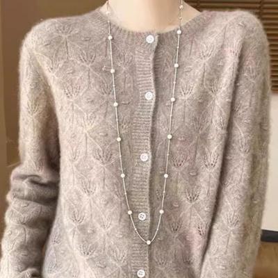 2025冬季新款羊绒针织开衫外套女宽松镂空薄款针织纯色毛衣外搭