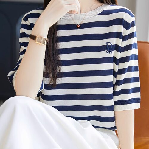 条纹短袖针织T恤女夏季显瘦减龄