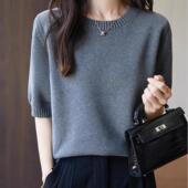 针织衫 春秋新款 宽松休闲厚款 100%纯棉线圆领短袖 半袖 打底上衣女