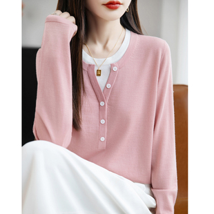 假两件拼接叠穿亨利领毛衣针织衫女秋冬外穿内搭长袖正肩打底上衣