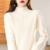 重磅加厚100%纯棉线不起球针织衫 女半高领宽松纯色毛衣套头长袖