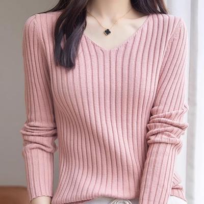 纯棉线长袖针织打底衫女V领套头毛衣修身显瘦外穿内搭线衫上衣新