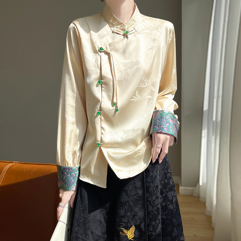 新中式真丝醋酸缎面提花盘扣衬衫女春季长袖立领气质高级感上衣
