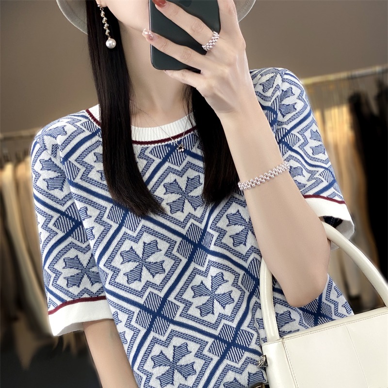 新款纯棉线青花瓷提花针织短袖T恤衫女圆领套头半袖全棉线打底衫