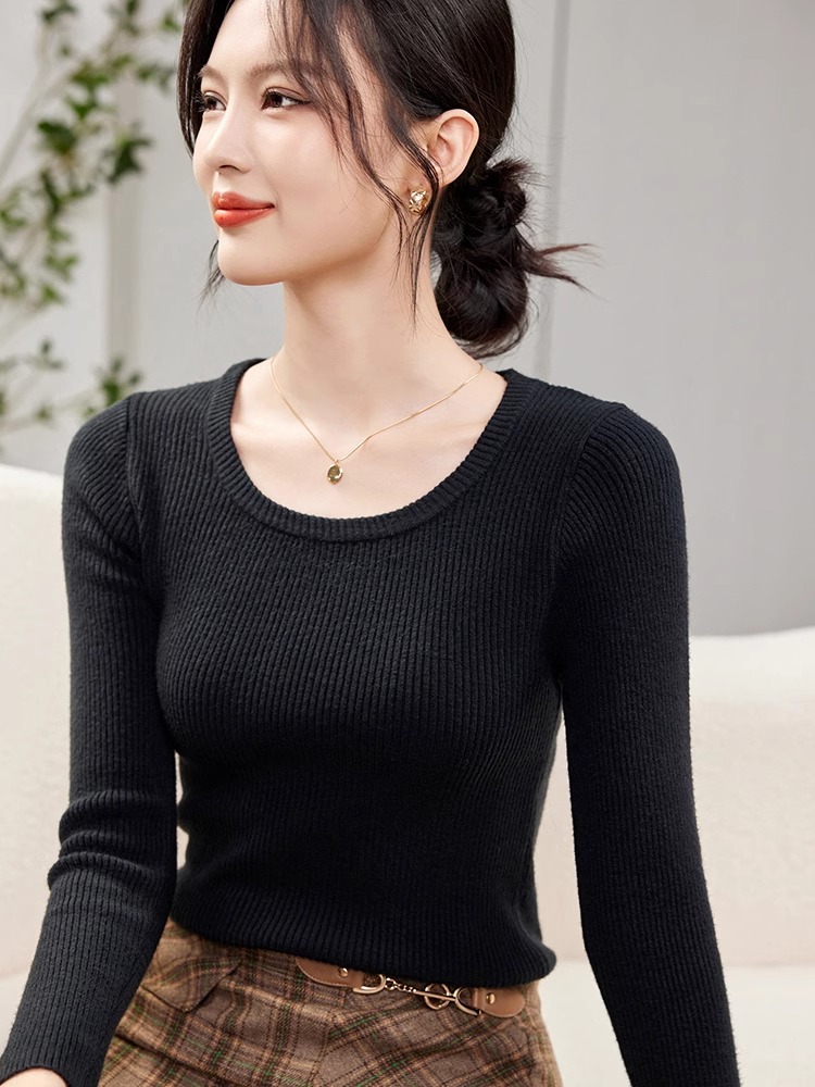 羊毛套头圆领内搭螺纹针织衫