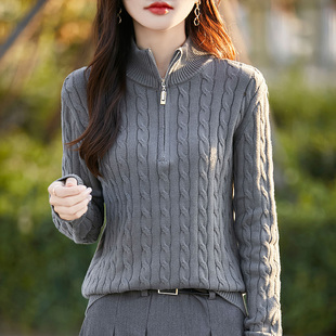 复古麻花加厚半拉链纯棉线针织衫女立领毛衣秋冬新款气质保暖上衣