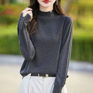 2026春季新烫钻针织打底衫女半高领长袖套头保暖精纺羊毛内搭毛衣