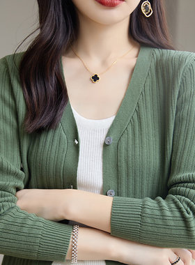 春季纯棉线V领长袖针织开衫女