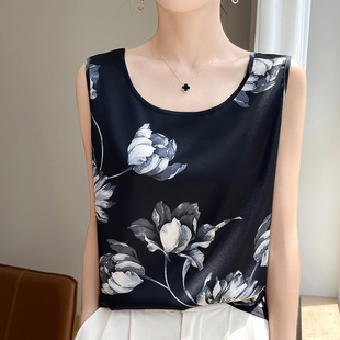 2025新款 打底缎面桑蚕丝上衣 夏季 印花真丝吊带背心女圆领内搭西装