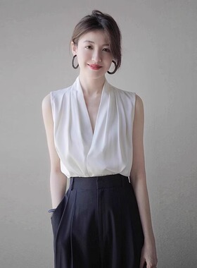 白色缎面真丝v领吊带背心25秋季西装内搭三醋酸无袖衬衣挂脖上衣