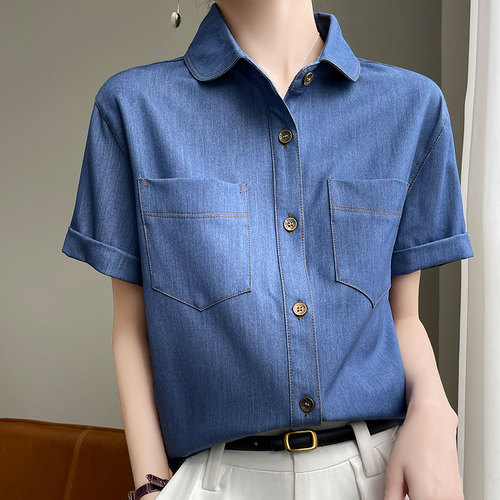 宽松休闲对襟短袖天丝牛仔短袖