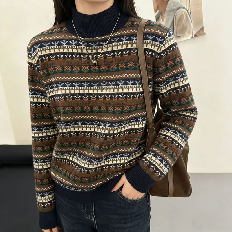 复古费尔岛提花半高领套头毛衣女秋冬新款长袖羊毛针织衫打底衫,女装/女士精品,毛针织衫,淘宝优惠券,粉丝福利购,淘宝优惠卷