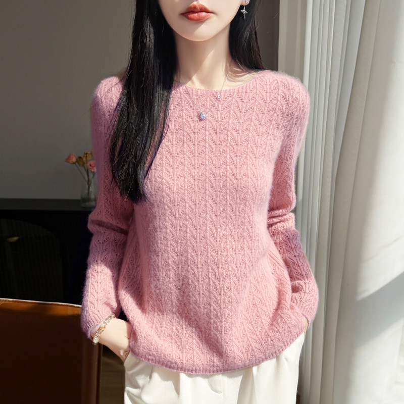 慵懒风镂空针织衫女春季新款套头圆领长袖显瘦打底毛衣温柔上衣