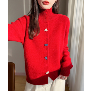 韩系风高领新年红色羊毛针织开衫女单排扣修身毛衣春季上衣高级感
