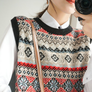 100%全棉线复古提花无袖 宽松外搭针织马甲 坎肩外套民族风棉线衫