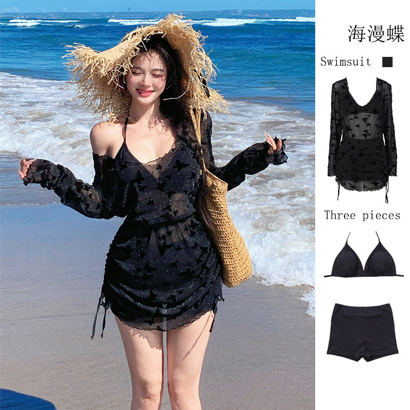 大码泳衣女胖mm显瘦遮肚分体三件套绝美比基尼长袖罩衫度假游泳衣