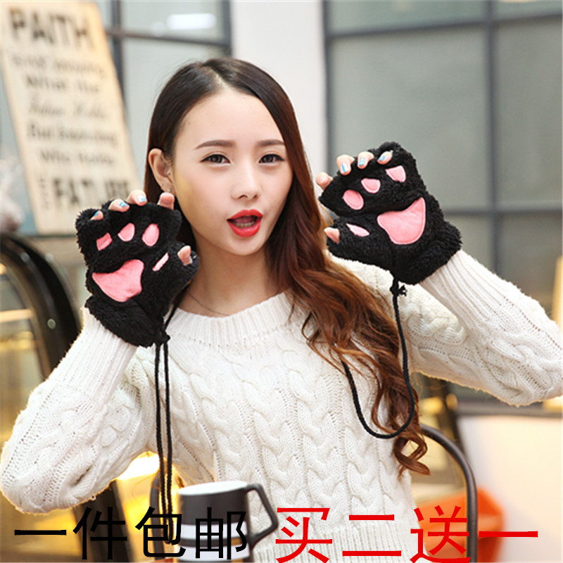 新款韩版手套女冬可爱半指加厚保暖熊掌卡通毛绒爪子露指手套包邮|msdalam kategori Aksesori/Belt kulit/Hat/Muffler, sarung tangan - dari Buy2taobao.com untuk memberikan perkhidmatan ejen Taobao profesional membeli