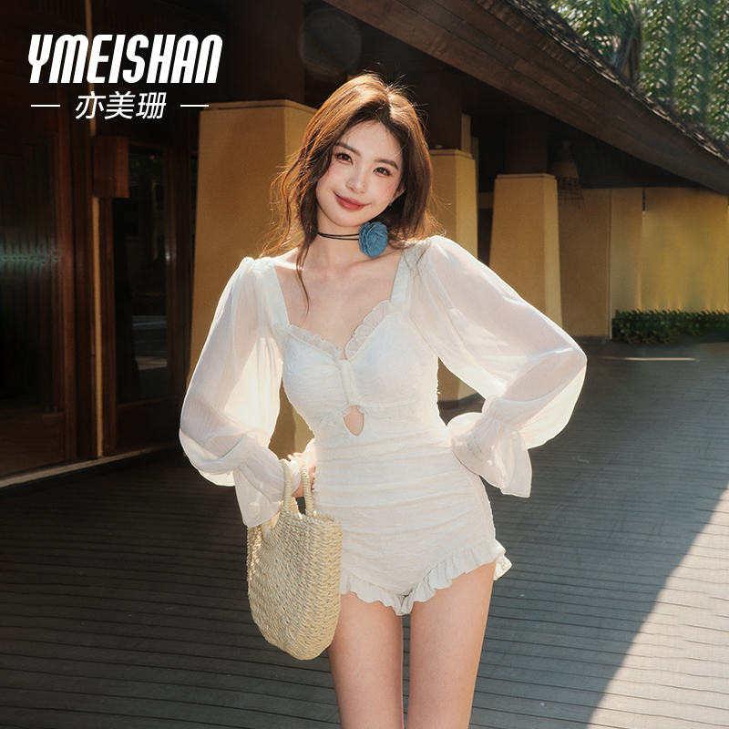 亦美珊连体泳衣女泡温泉长袖遮肉绝美海边高级感游泳衣2025年新款