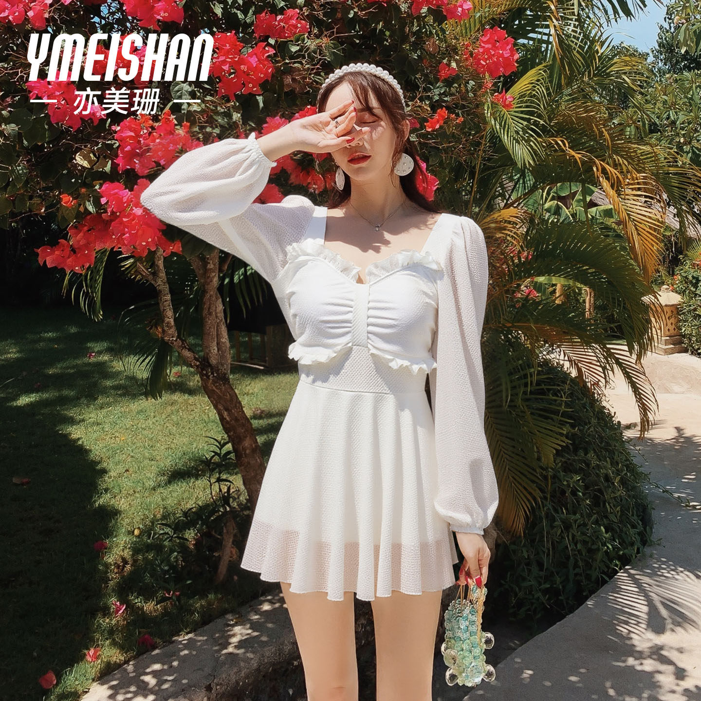 亦美珊白色泳衣女长袖温泉泡澡服绝美微胖遮肉显瘦高级感2025新款