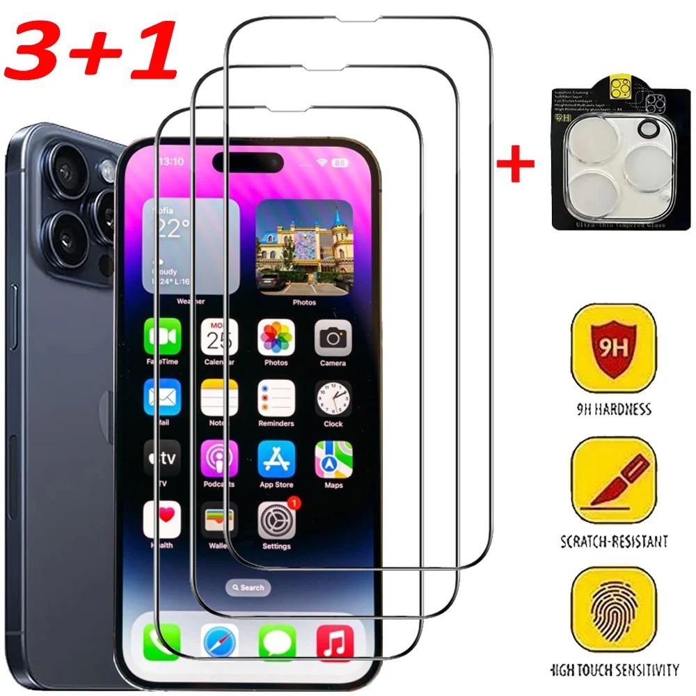 3+1 Screen Protector For iPhone 16e 16 15 14 13 Pro Max Temp