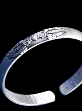 复古莲花心经开口手环哑光足银印花金刚杵女款银镯手镯饰品礼物